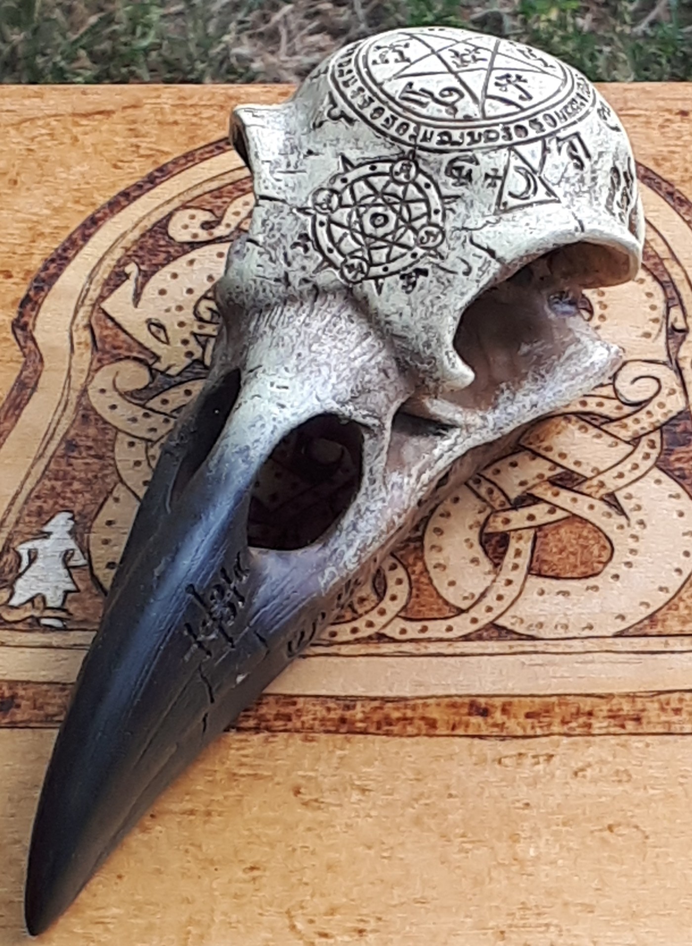 crow skull with runes made from resin